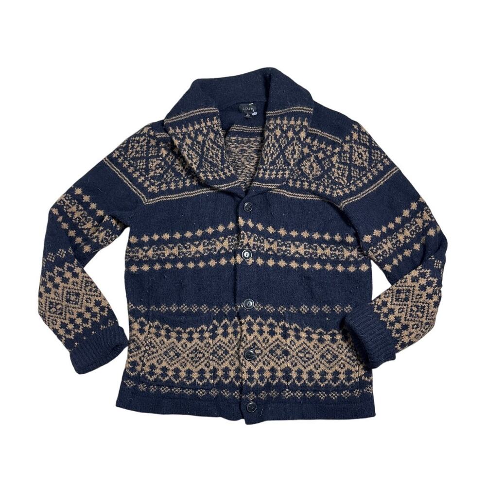J.Crew Wool-Blend Fair Isle Cardigan Sweater Mens L Navy Shawl Collar Dude Style - Picture 2 of 5